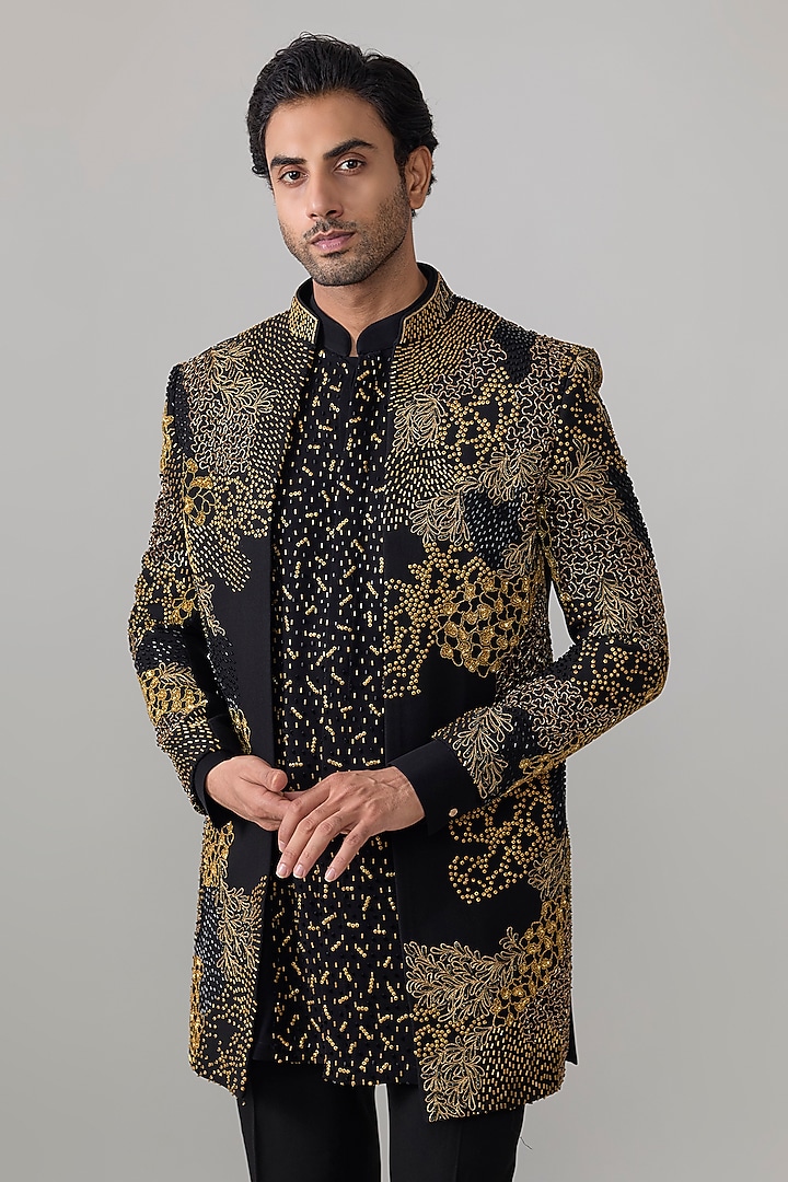 Black Suiting Groom Indowestern Jacket Set by Jayesh and Kaajal Shah Men at Pernia's Pop Up Shop