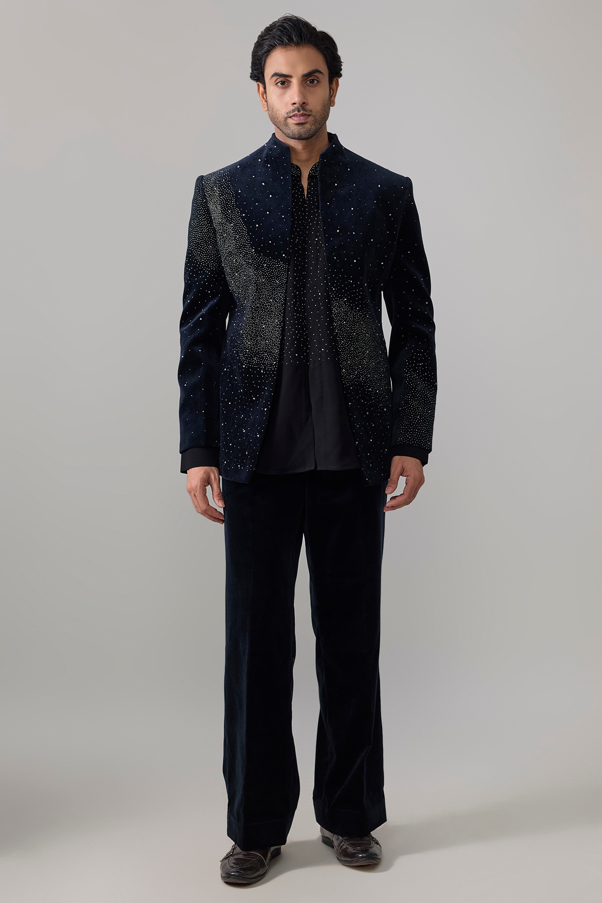 Jayesh and Kaajal Shah Black Velvet Indowestern Jacket Set