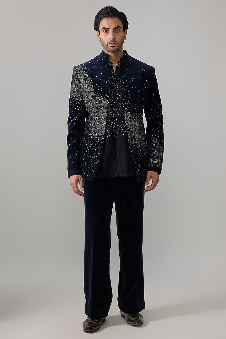 Black Velvet Groom Indowestern Jacket Set by Jayesh and Kaajal Shah Men at Pernia's Pop Up Shop
