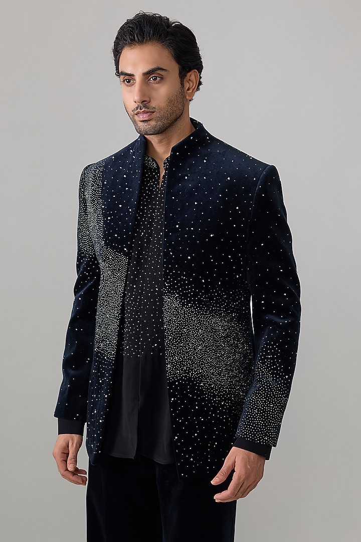 Black Velvet Groom Indowestern Jacket Set by Jayesh and Kaajal Shah Men at Pernia's Pop Up Shop