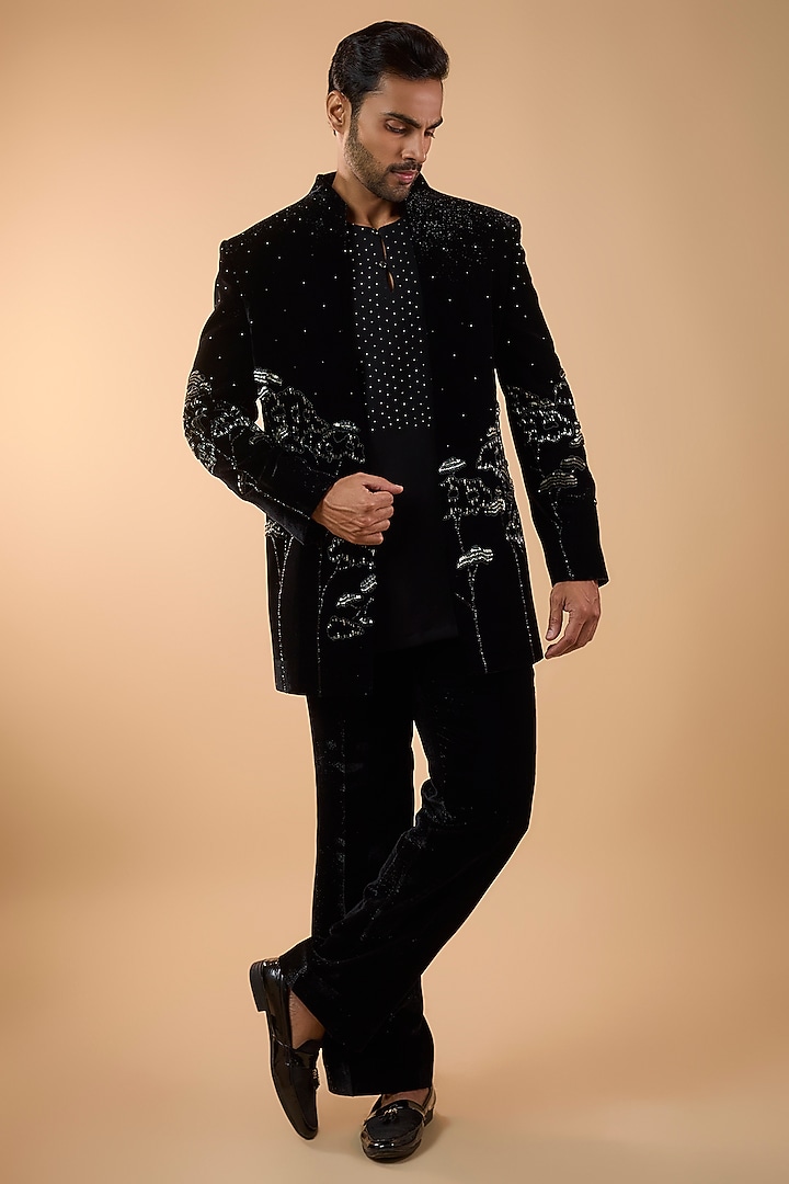 Black Velvet Groom Indowestern Set by Jayesh and Kaajal Shah Men at Pernia's Pop Up Shop