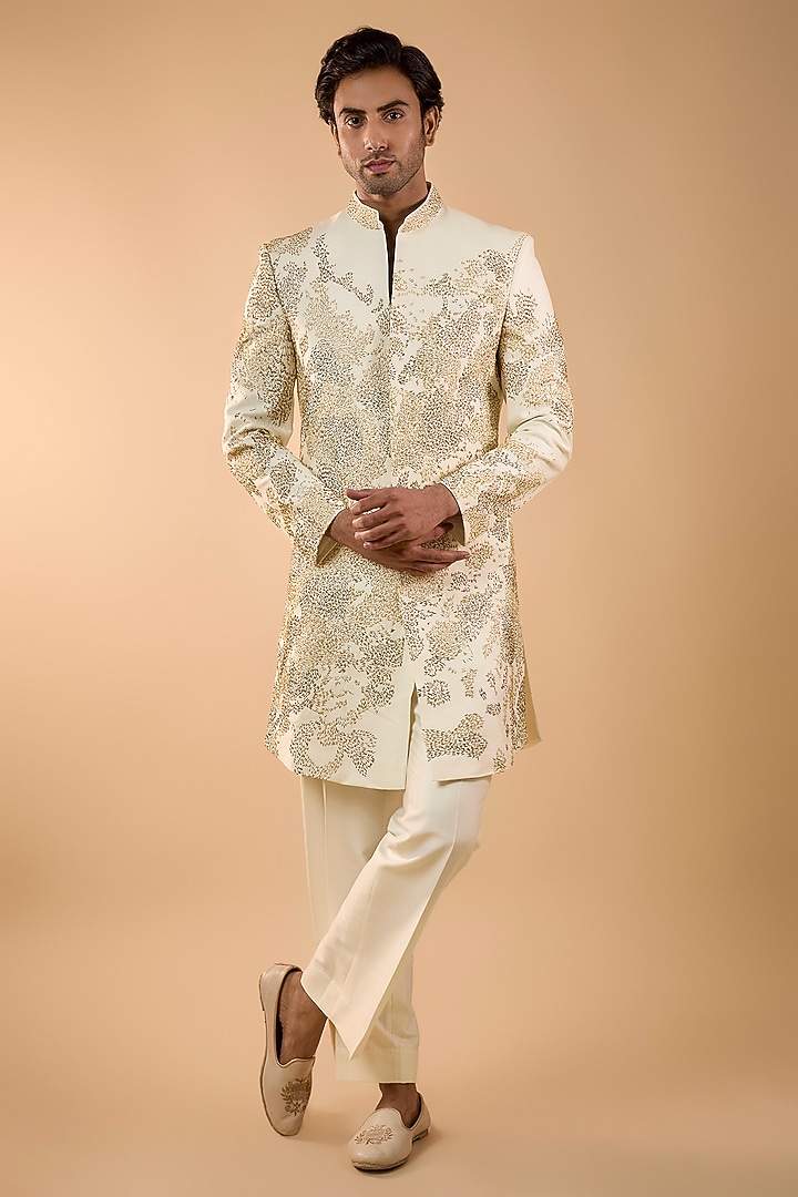 Ivory Silk Groom Indowestern Set by Jayesh and Kaajal Shah Men at Pernia's Pop Up Shop