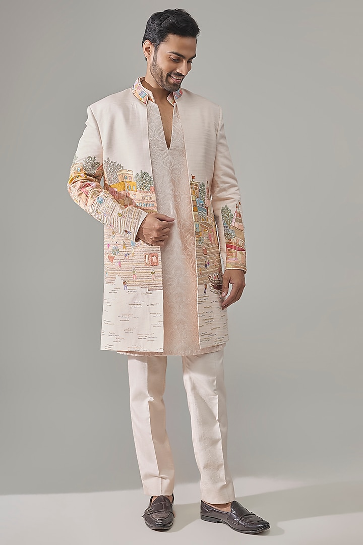 Peach Raw Silk Groom Indowestern Set by Jayesh and Kaajal Shah Men at Pernia's Pop Up Shop