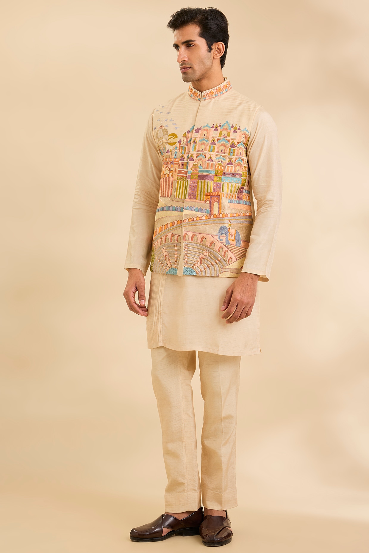 Jayesh and Kaajal Shah Cream Silk Bundi Jacket Set