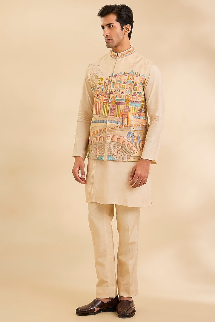 Cream Silk Bundi Jacket Set by Jayesh and Kaajal Shah Men at Pernia's Pop Up Shop