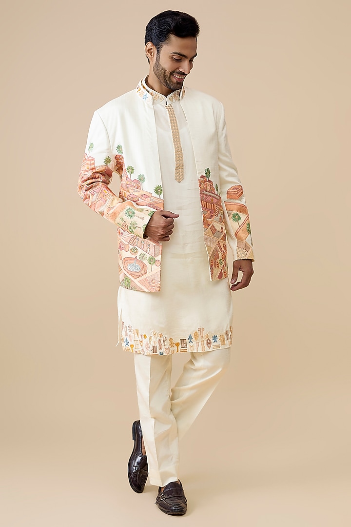 Cream Silk Groom Indowestern Set by Jayesh and Kaajal Shah Men at Pernia's Pop Up Shop
