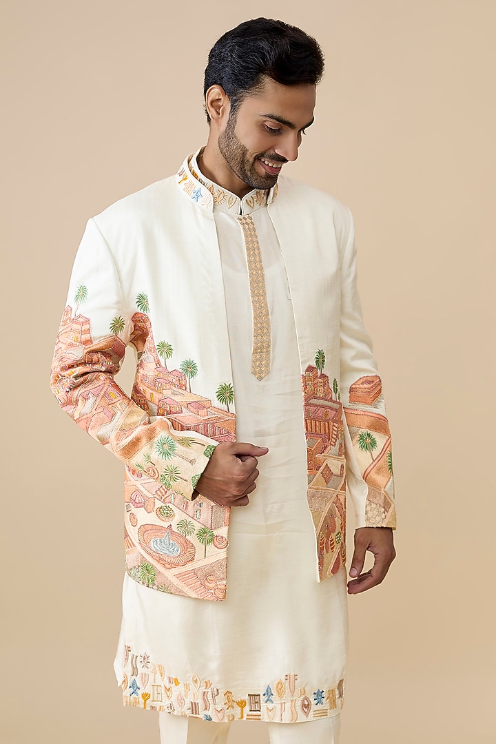 Cream Silk Groom Indowestern Set by Jayesh and Kaajal Shah Men at Pernia's Pop Up Shop