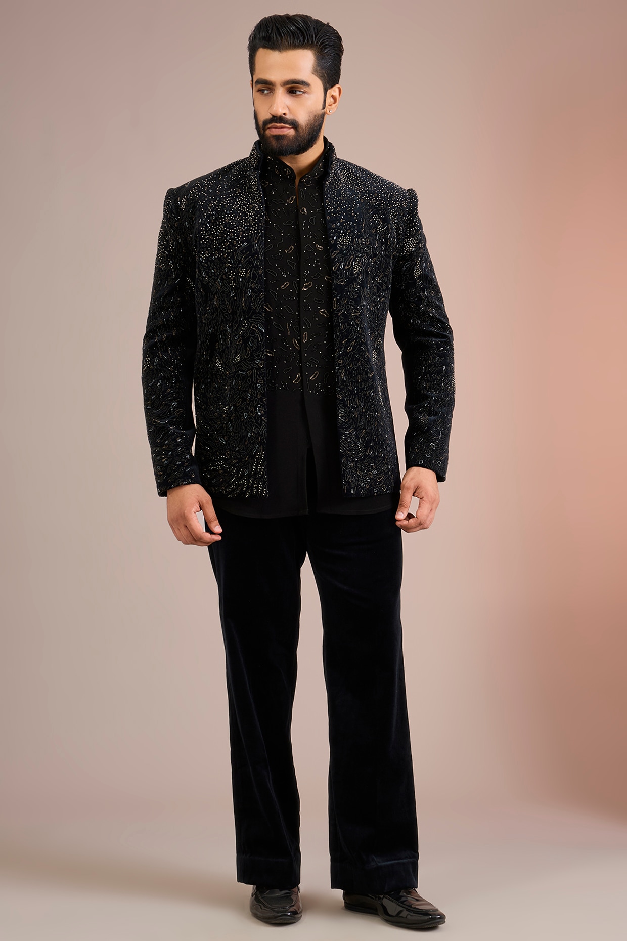 Jayesh and Kaajal Shah Black Silk Indowestern Jacket Set