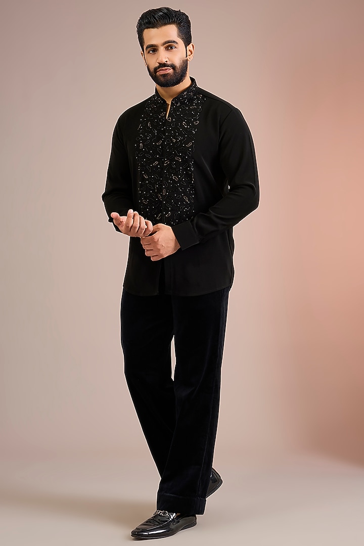 Black Silk Groom Indowestern Jacket Set by Jayesh and Kaajal Shah Men at Pernia's Pop Up Shop