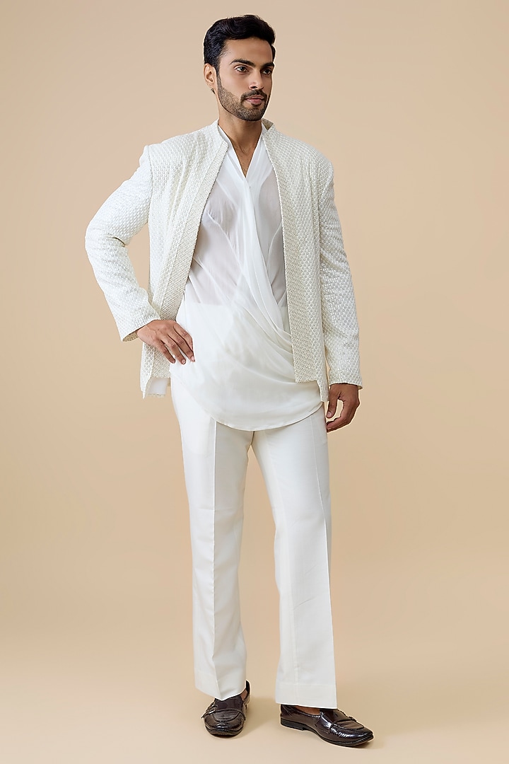 Ivory Silk Wedding Indowestern Set by Jayesh and Kaajal Shah Men at Pernia's Pop Up Shop