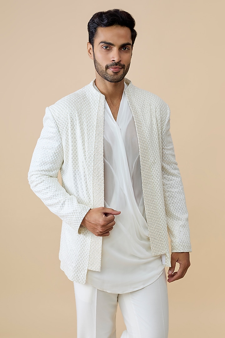 Ivory Silk Wedding Indowestern Set by Jayesh and Kaajal Shah Men at Pernia's Pop Up Shop