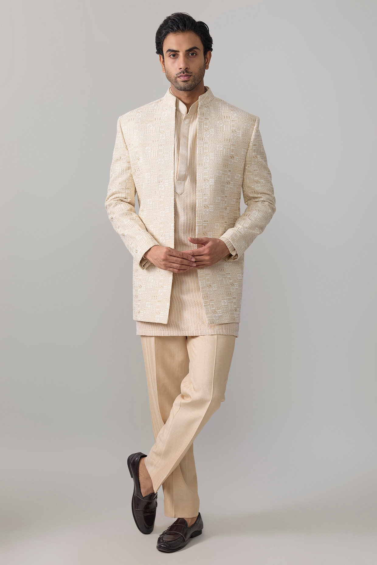 Jayesh and Kaajal Shah Natural-Colored Silk Indowestern Jacket Set