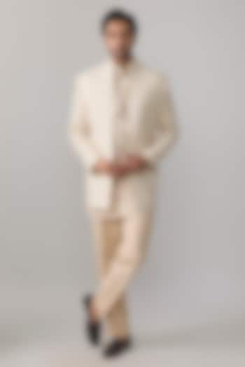 Natural-Colored Silk Wedding Indowestern Jacket Set by Jayesh and Kaajal Shah Men at Pernia's Pop Up Shop