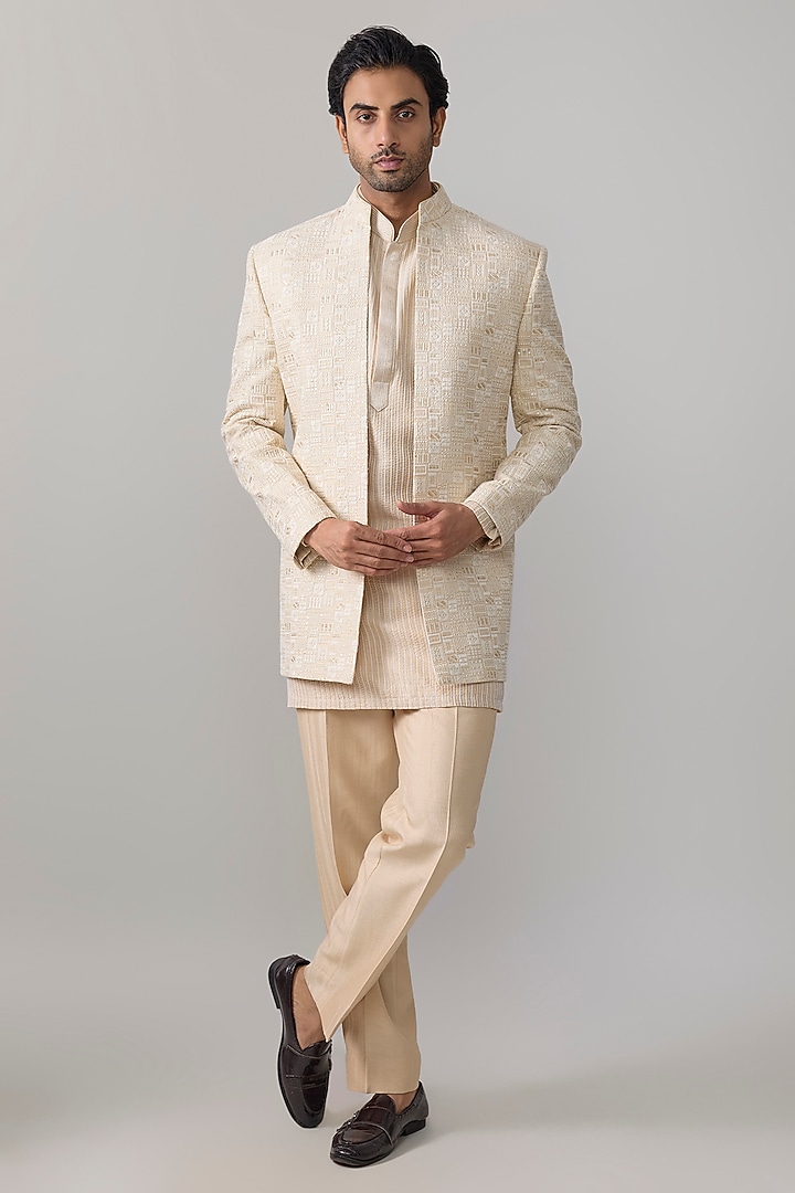 Natural-Colored Silk Wedding Indowestern Jacket Set by Jayesh and Kaajal Shah Men at Pernia's Pop Up Shop