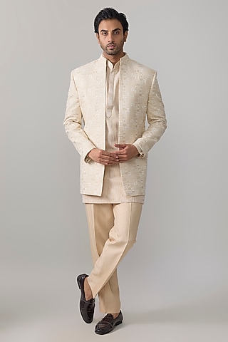 Natural-Colored Silk Indowestern Jacket Set by Jayesh and Kaajal Shah Men