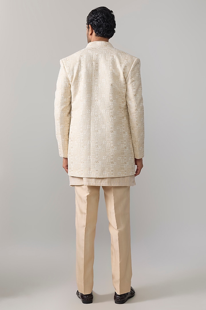 Natural-Colored Silk Wedding Indowestern Jacket Set by Jayesh and Kaajal Shah Men at Pernia's Pop Up Shop