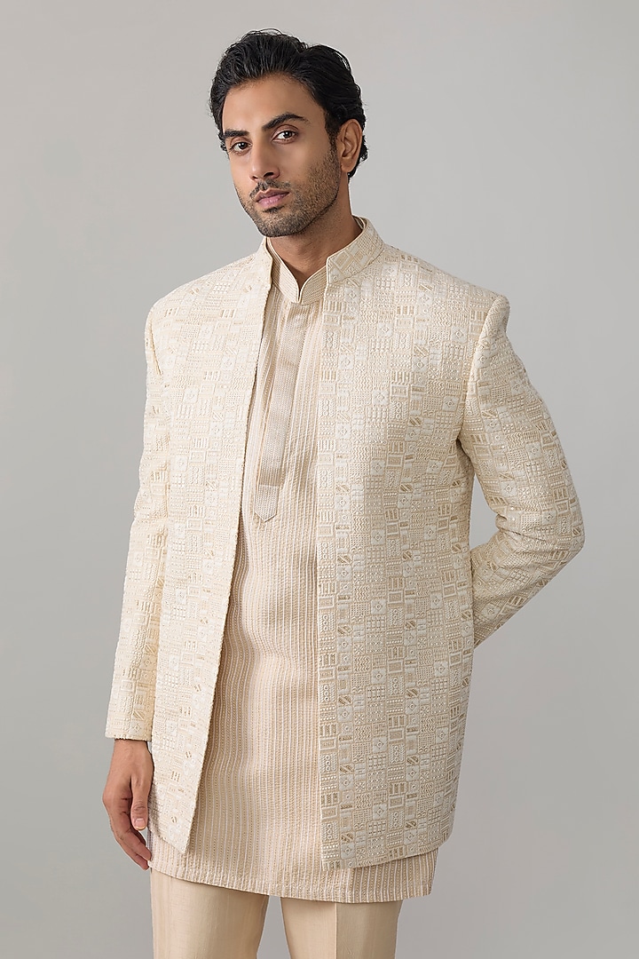 Natural-Colored Silk Wedding Indowestern Jacket Set by Jayesh and Kaajal Shah Men at Pernia's Pop Up Shop