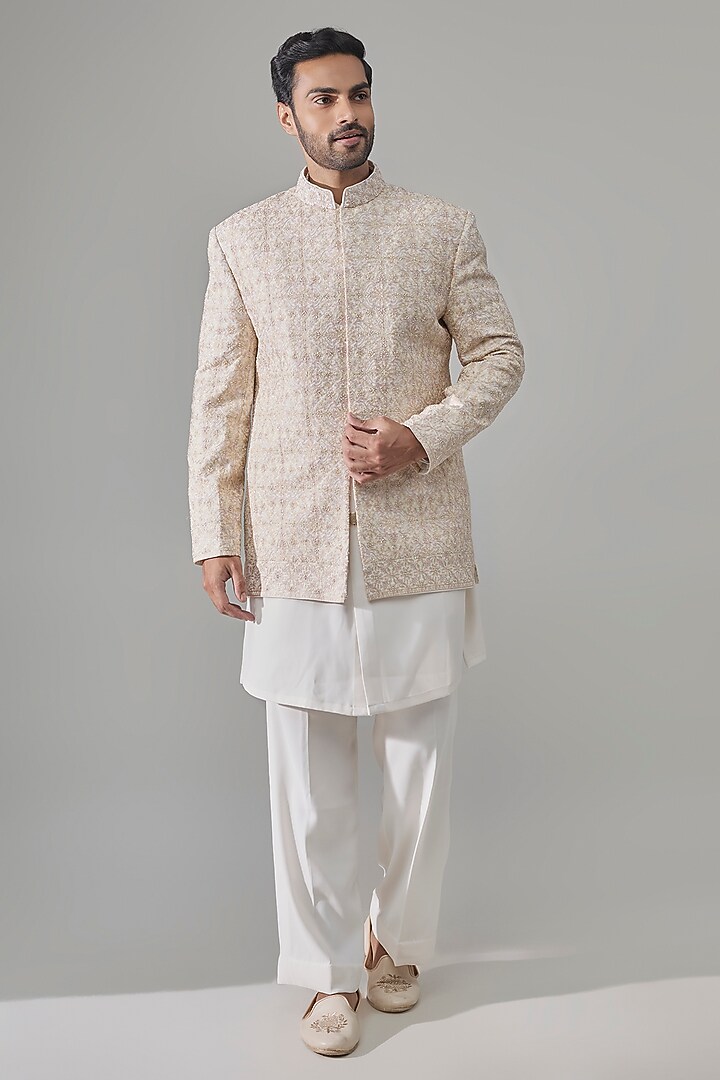 Cream Raw Silk Groom Indowestern Set by Jayesh and Kaajal Shah Men at Pernia's Pop Up Shop