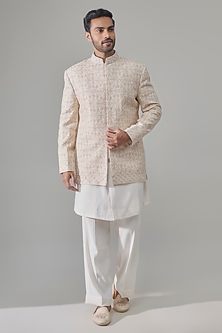 Cream Raw Silk Indowestern Set by Jayesh and Kaajal Shah Men
