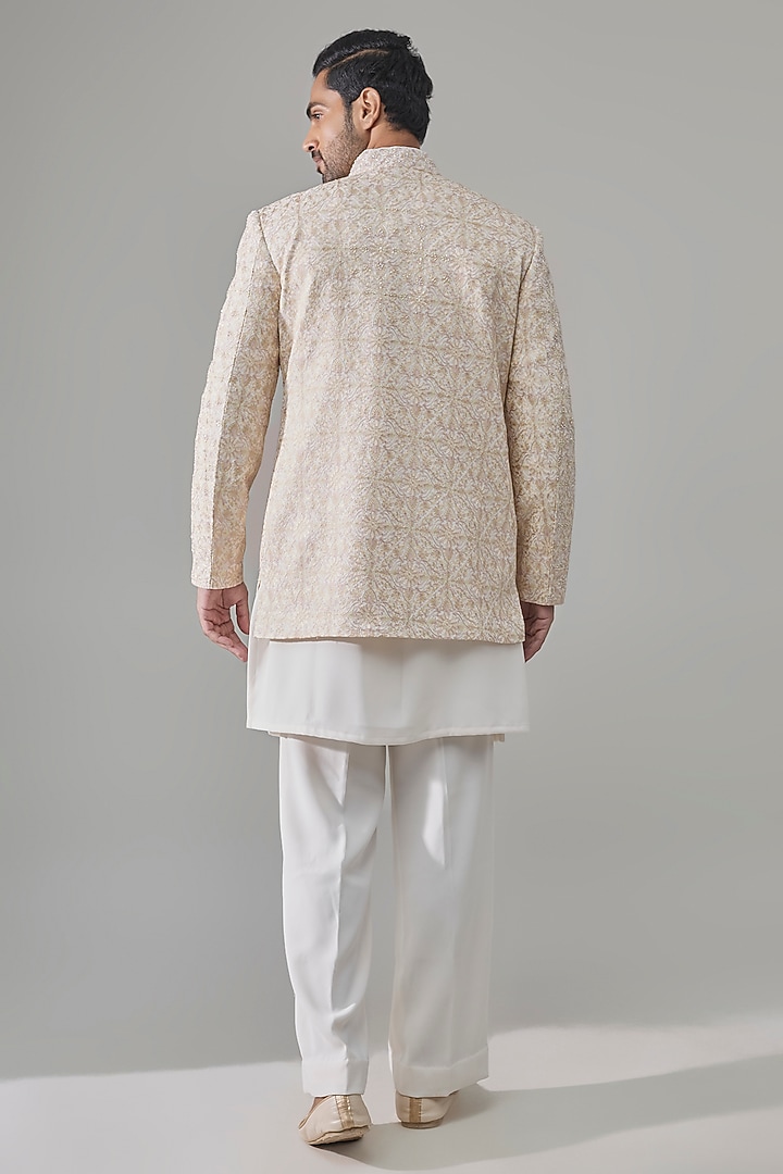 Cream Raw Silk Groom Indowestern Set by Jayesh and Kaajal Shah Men at Pernia's Pop Up Shop