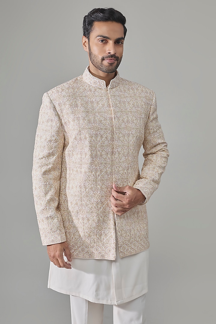 Cream Raw Silk Groom Indowestern Set by Jayesh and Kaajal Shah Men at Pernia's Pop Up Shop