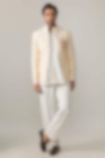 Cream Silk Wedding Indowestern Jacket Set by Jayesh and Kaajal Shah Men at Pernia's Pop Up Shop