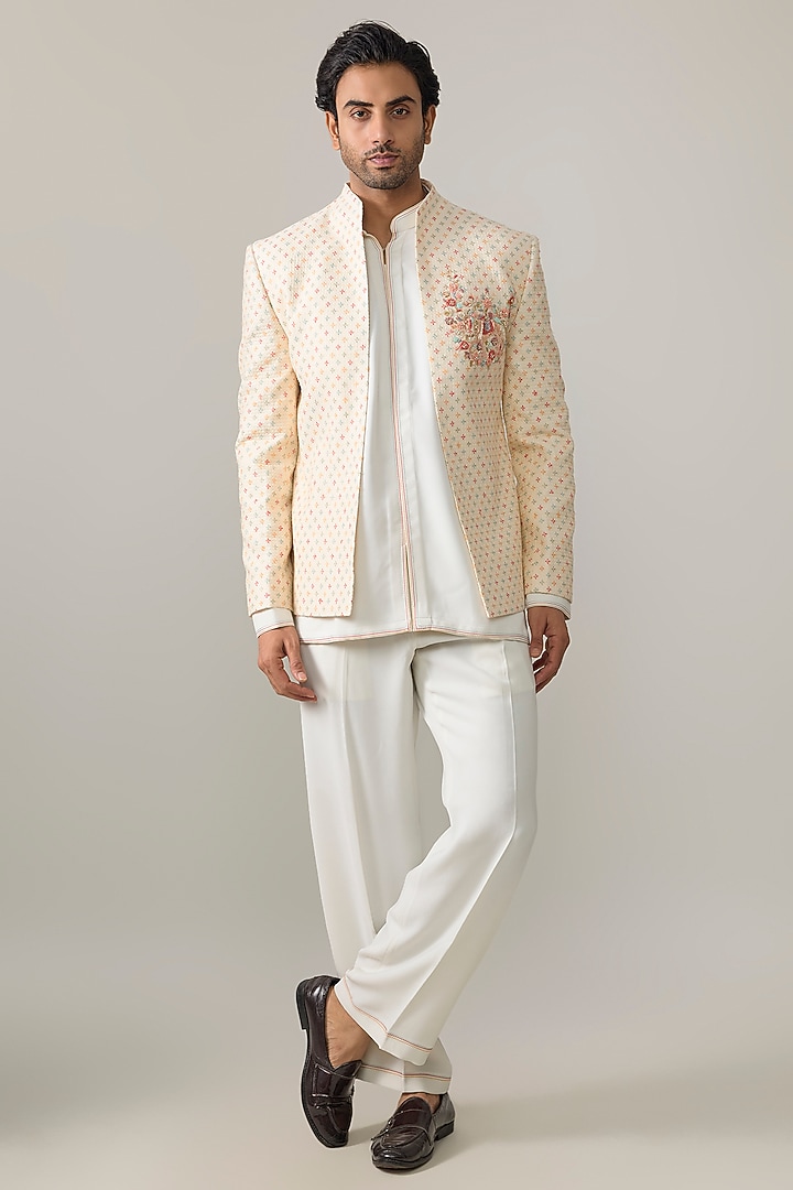 Cream Silk Wedding Indowestern Jacket Set by Jayesh and Kaajal Shah Men at Pernia's Pop Up Shop