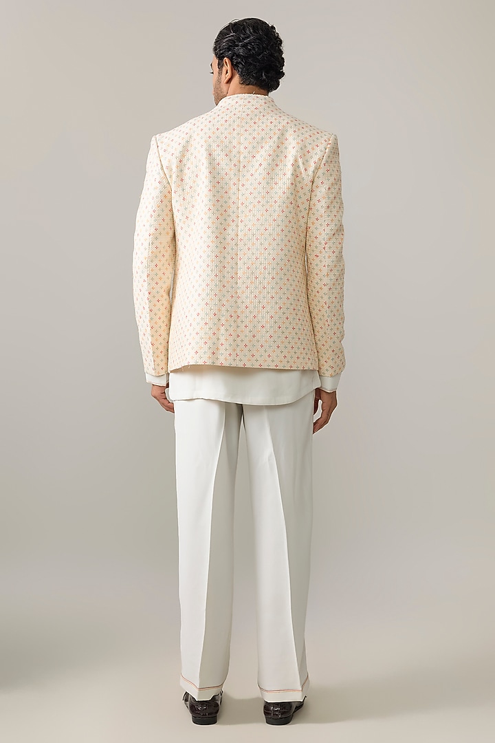 Cream Silk Wedding Indowestern Jacket Set by Jayesh and Kaajal Shah Men at Pernia's Pop Up Shop