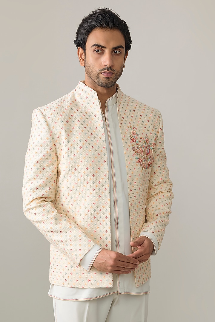 Cream Silk Wedding Indowestern Jacket Set by Jayesh and Kaajal Shah Men at Pernia's Pop Up Shop