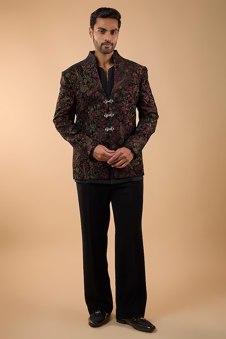 Black Silk Wedding Indowestern Set by Jayesh and Kaajal Shah Men at Pernia's Pop Up Shop
