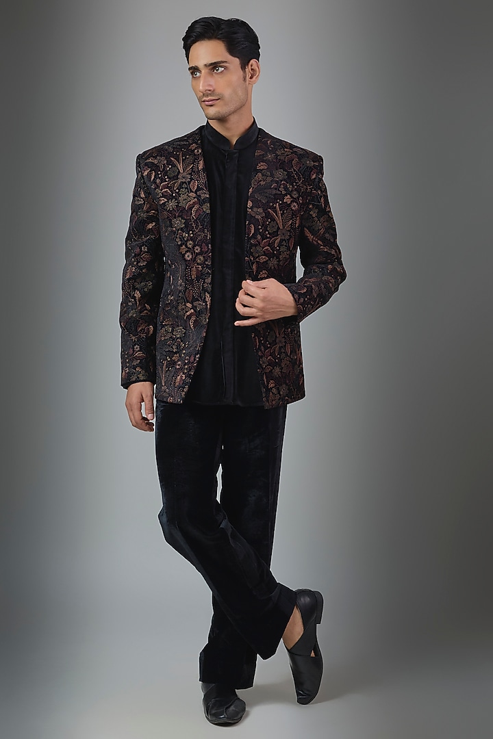 Black Silk Wedding Indowestern Set by Jayesh and Kaajal Shah Men at Pernia's Pop Up Shop