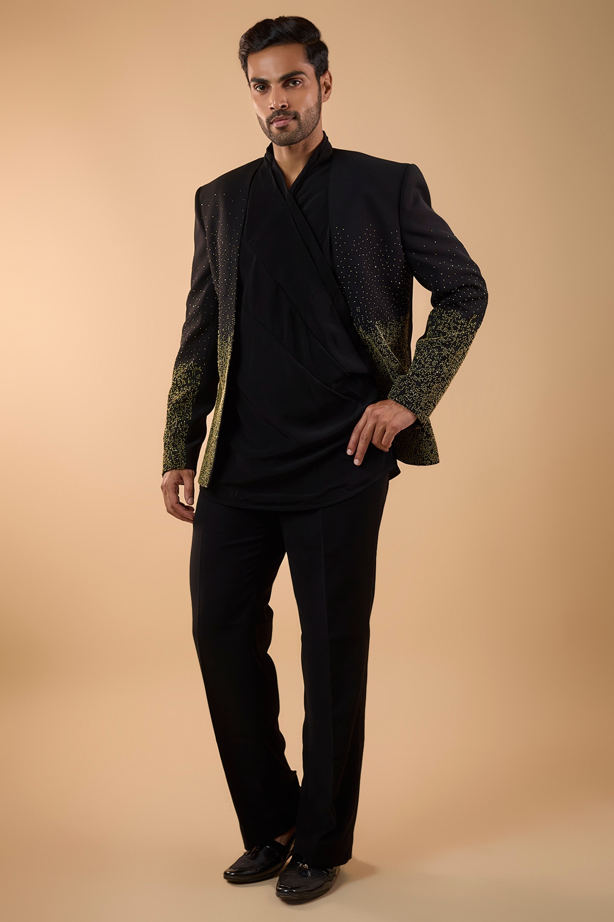 Jayesh and Kaajal Shah Black Suiting Indowestern Set