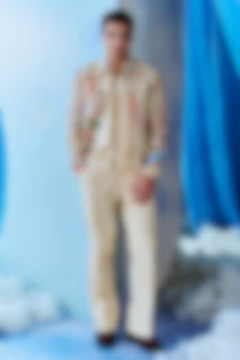 Ivory Silk Hand Embroidered Bomber Jacket Set by Jayesh and Kaajal Shah Men at Pernia's Pop Up Shop