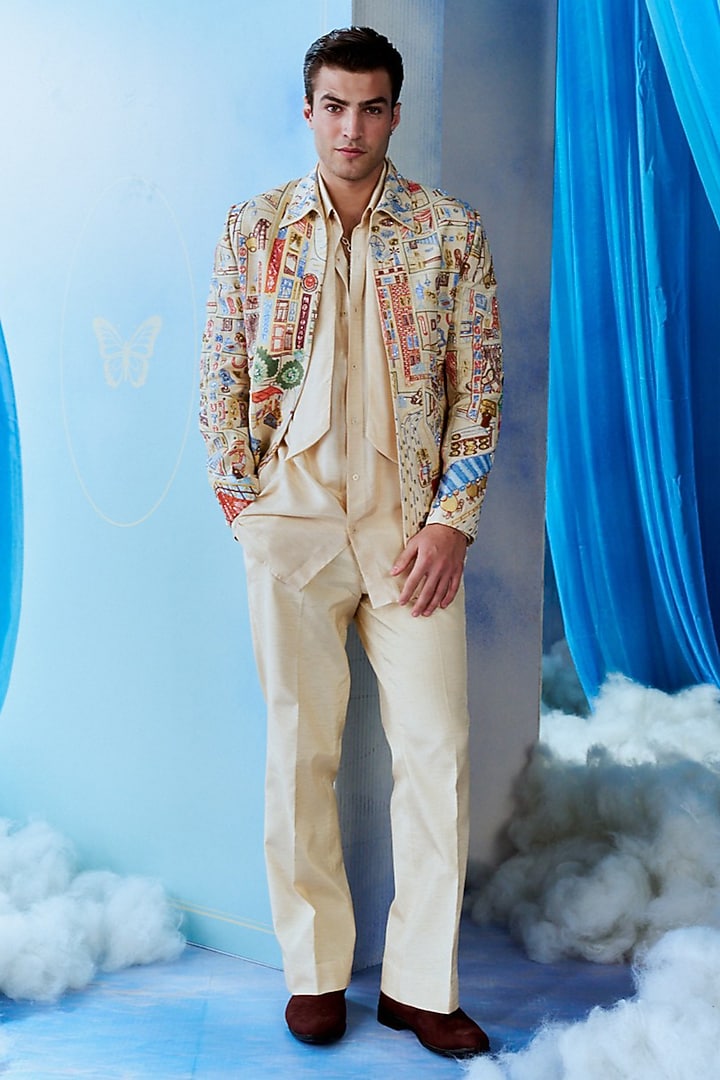 Ivory Silk Hand Embroidered Bomber Jacket Set by Jayesh and Kaajal Shah Men at Pernia's Pop Up Shop
