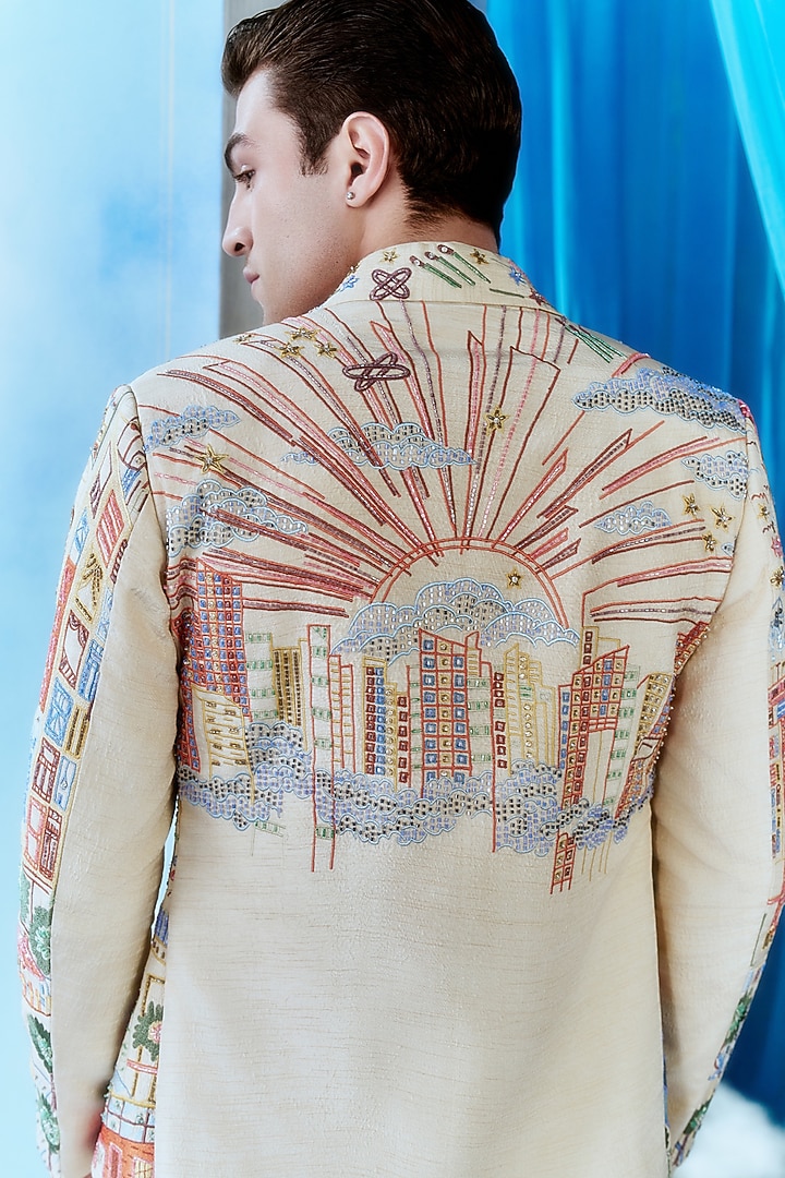 Ivory Silk Hand Embroidered Bomber Jacket Set by Jayesh and Kaajal Shah Men at Pernia's Pop Up Shop