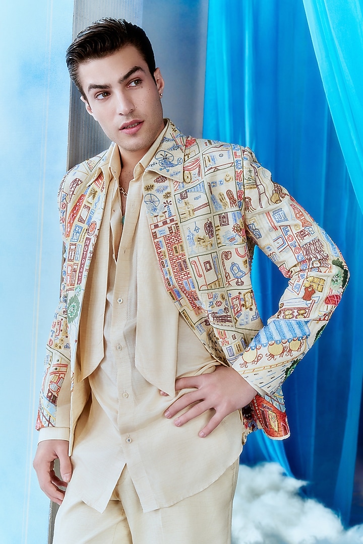 Ivory Silk Hand Embroidered Bomber Jacket Set by Jayesh and Kaajal Shah Men at Pernia's Pop Up Shop