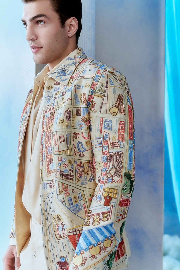 Ivory Silk Hand Embroidered Bomber Jacket Set by Jayesh and Kaajal Shah Men at Pernia's Pop Up Shop