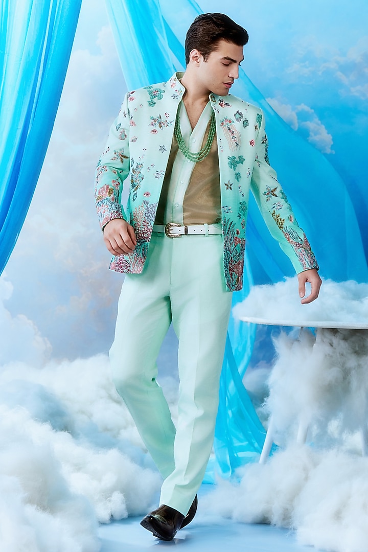 Mint Silk Embroidered Bomber Jacket Set by Jayesh and Kaajal Shah Men at Pernia's Pop Up Shop