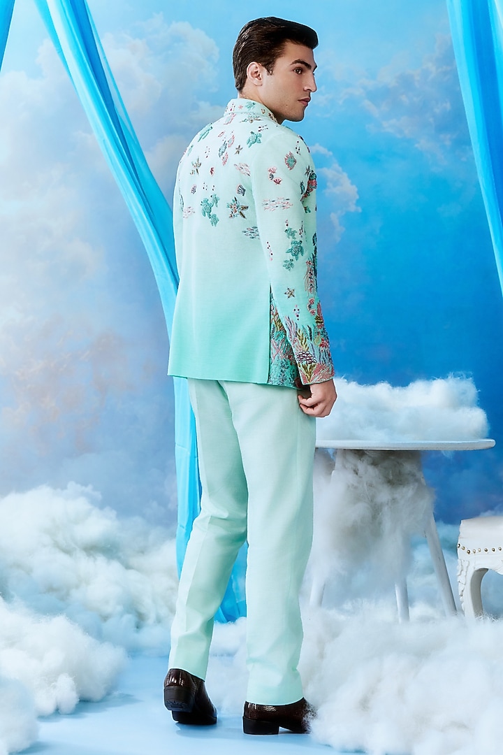 Mint Silk Embroidered Bomber Jacket Set by Jayesh and Kaajal Shah Men at Pernia's Pop Up Shop