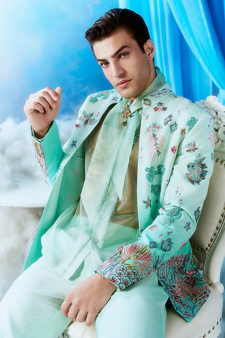 Mint Silk Embroidered Bomber Jacket Set by Jayesh and Kaajal Shah Men at Pernia's Pop Up Shop