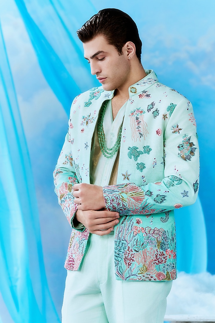 Mint Silk Embroidered Bomber Jacket Set by Jayesh and Kaajal Shah Men at Pernia's Pop Up Shop
