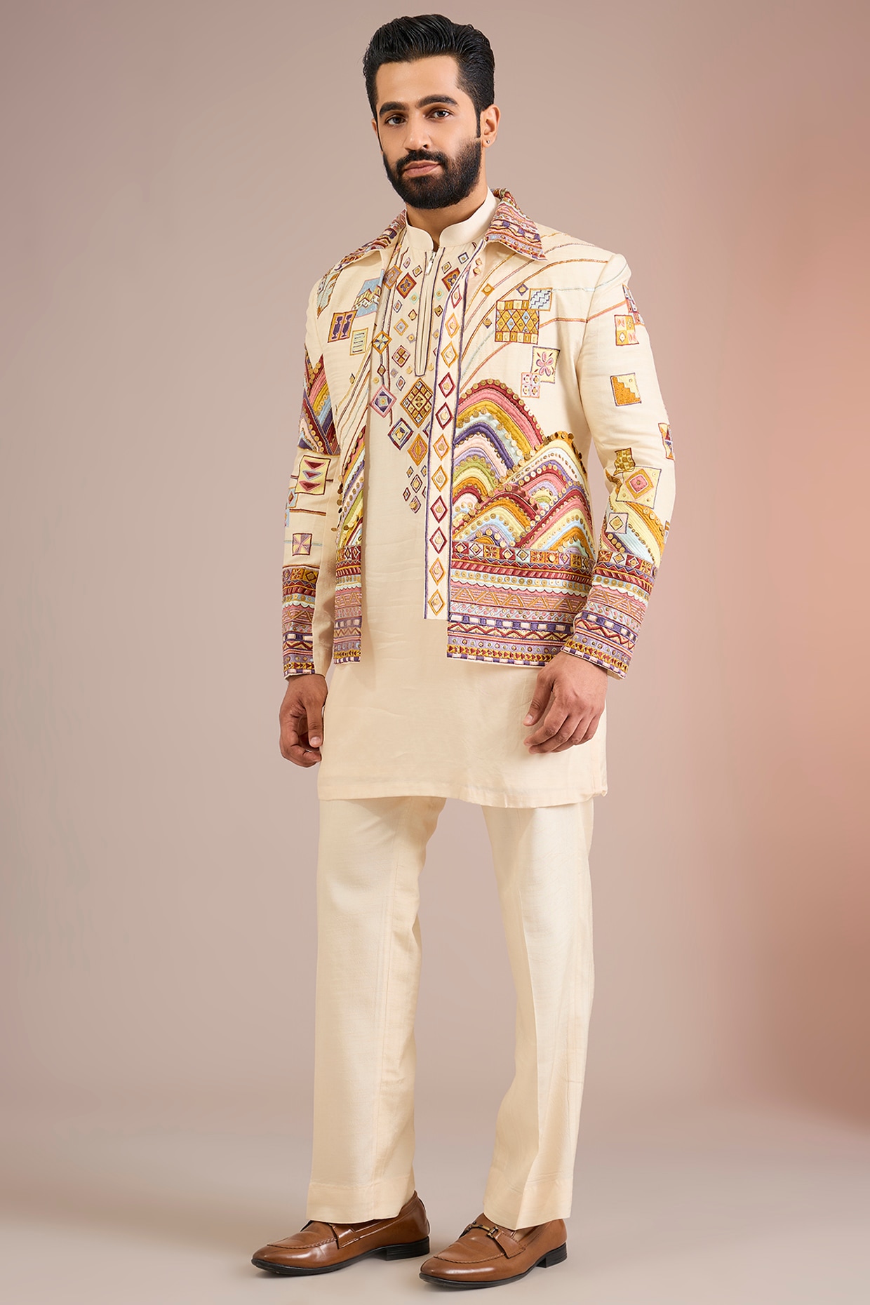 Jayesh and Kaajal Shah Golden Silk Indowestern Jacket Set