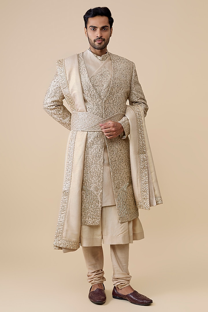 Gold Silk Groom Sherwani Set by Jayesh and Kaajal Shah Men at Pernia's Pop Up Shop