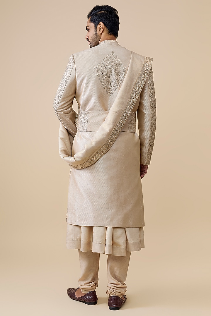 Gold Silk Groom Sherwani Set by Jayesh and Kaajal Shah Men at Pernia's Pop Up Shop