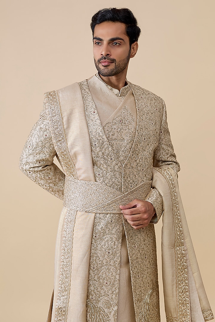 Gold Silk Groom Sherwani Set by Jayesh and Kaajal Shah Men at Pernia's Pop Up Shop