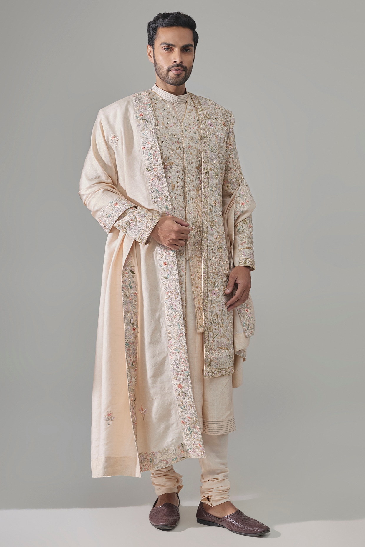Jayesh and Kaajal Shah Ivory Raw Silk Sherwani Set