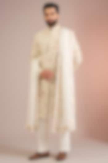 Ivory Silk Groom Sherwani Set by Jayesh and Kaajal Shah Men at Pernia's Pop Up Shop
