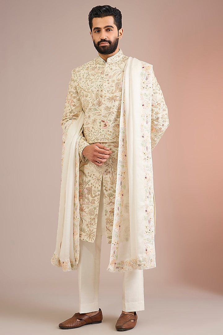 Ivory Silk Groom Sherwani Set by Jayesh and Kaajal Shah Men at Pernia's Pop Up Shop