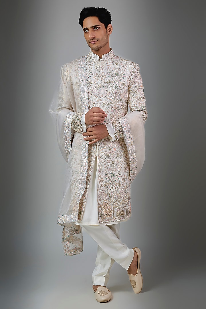 Ivory Silk Groom Sherwani Set by Jayesh and Kaajal Shah Men at Pernia's Pop Up Shop