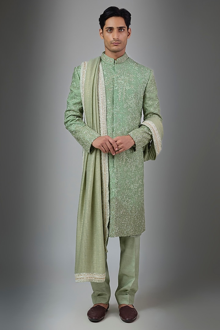 Sage Green Silk Groom Sherwani Set by Jayesh and Kaajal Shah Men at Pernia's Pop Up Shop